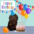 Happy birthday card with funny dog, cake, colorful balloons. Vector illustration Royalty Free Stock Photo